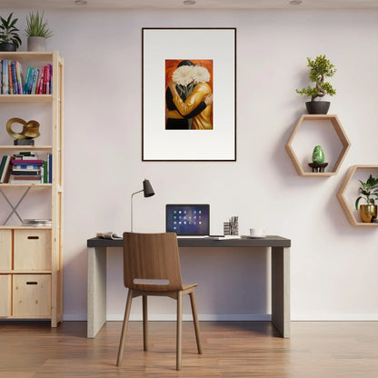 Modern home office with desk, chair, and framed wall art to embrace Aether in room decor