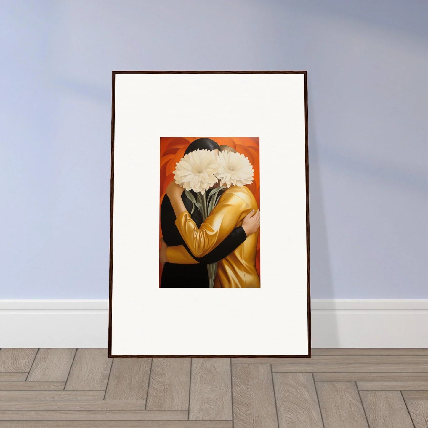 Framed wall art of a figure with a fluffy head embracing aether on an orange background