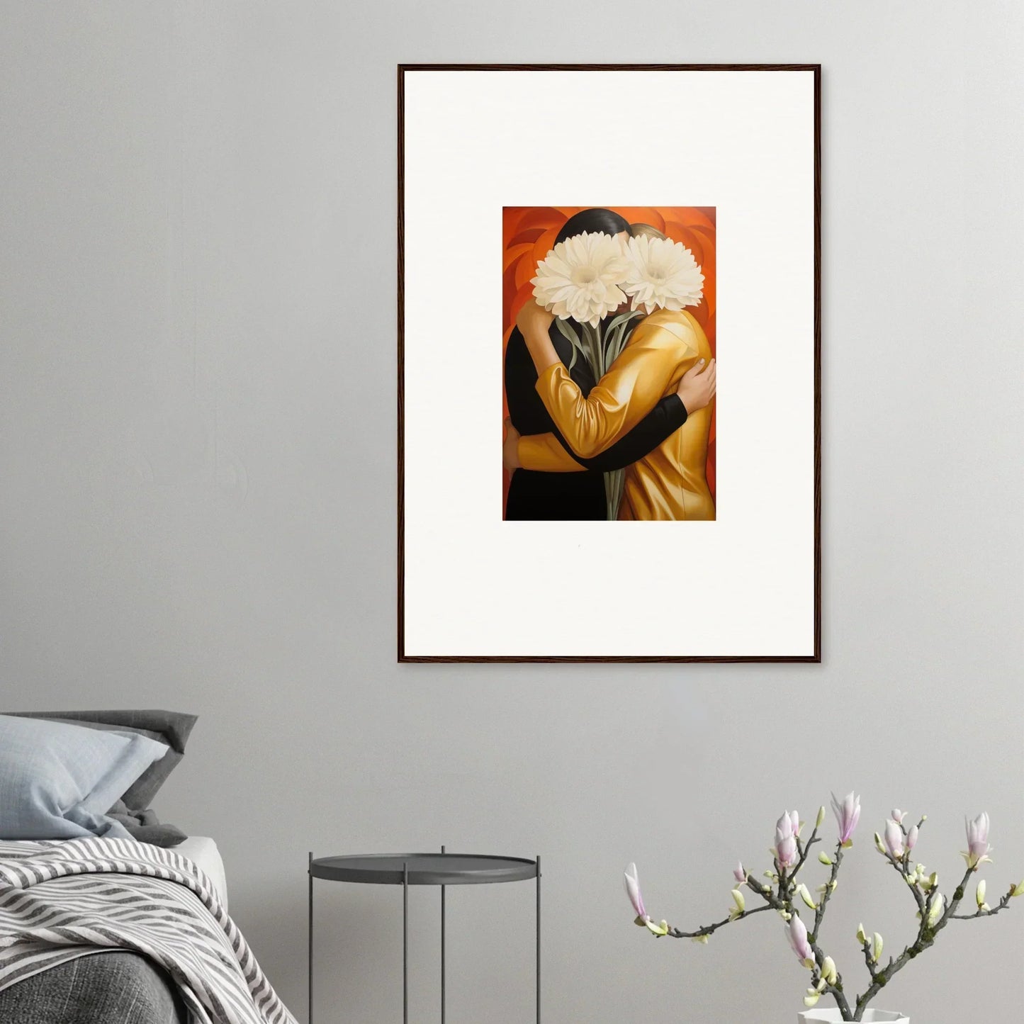 Framed wall art of two figures embracing, perfect for Room Decor and Embrace Aether theme