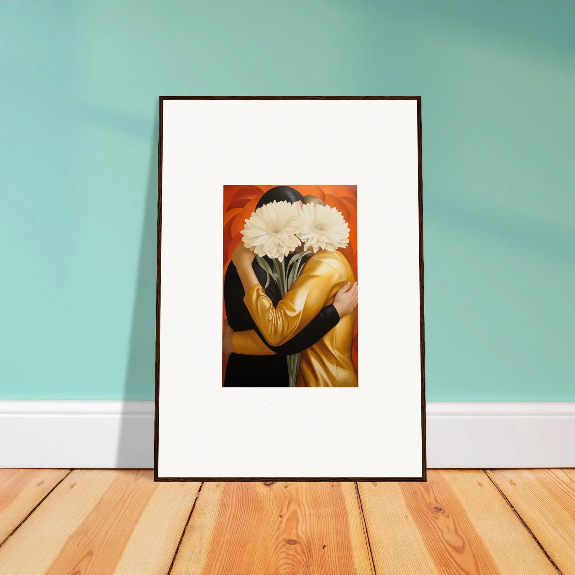 Framed wall art of a figure with white flowers for elegant room decor, Embrace Aether