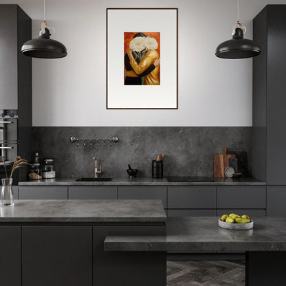 Modern kitchen with dark cabinetry, concrete countertops, and framed wall art embracing Aether