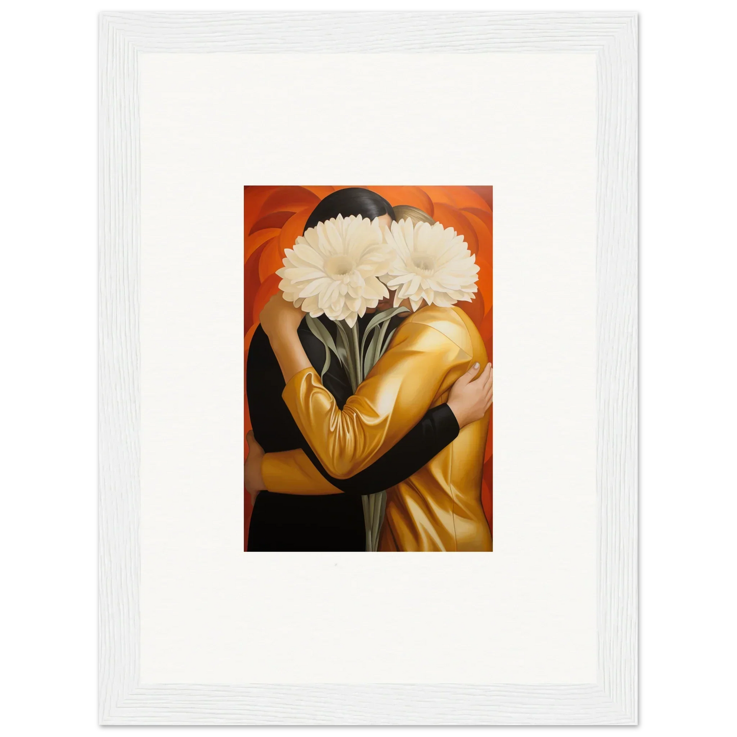 Framed wall art of a person with white flowers for elegant room decor, Embrace Aether