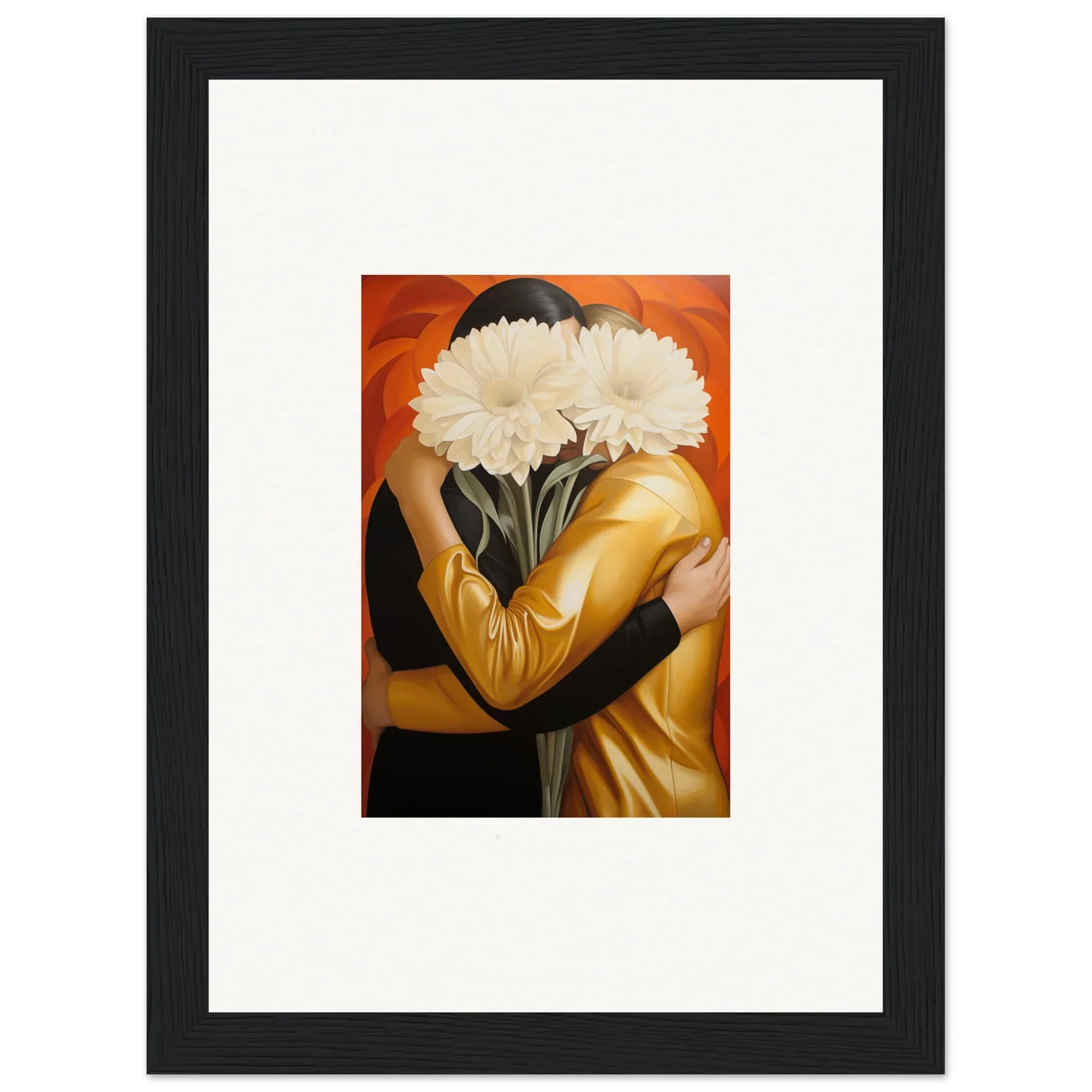 Framed wall art of a person holding white flowers for elegant room decor, embrace Aether