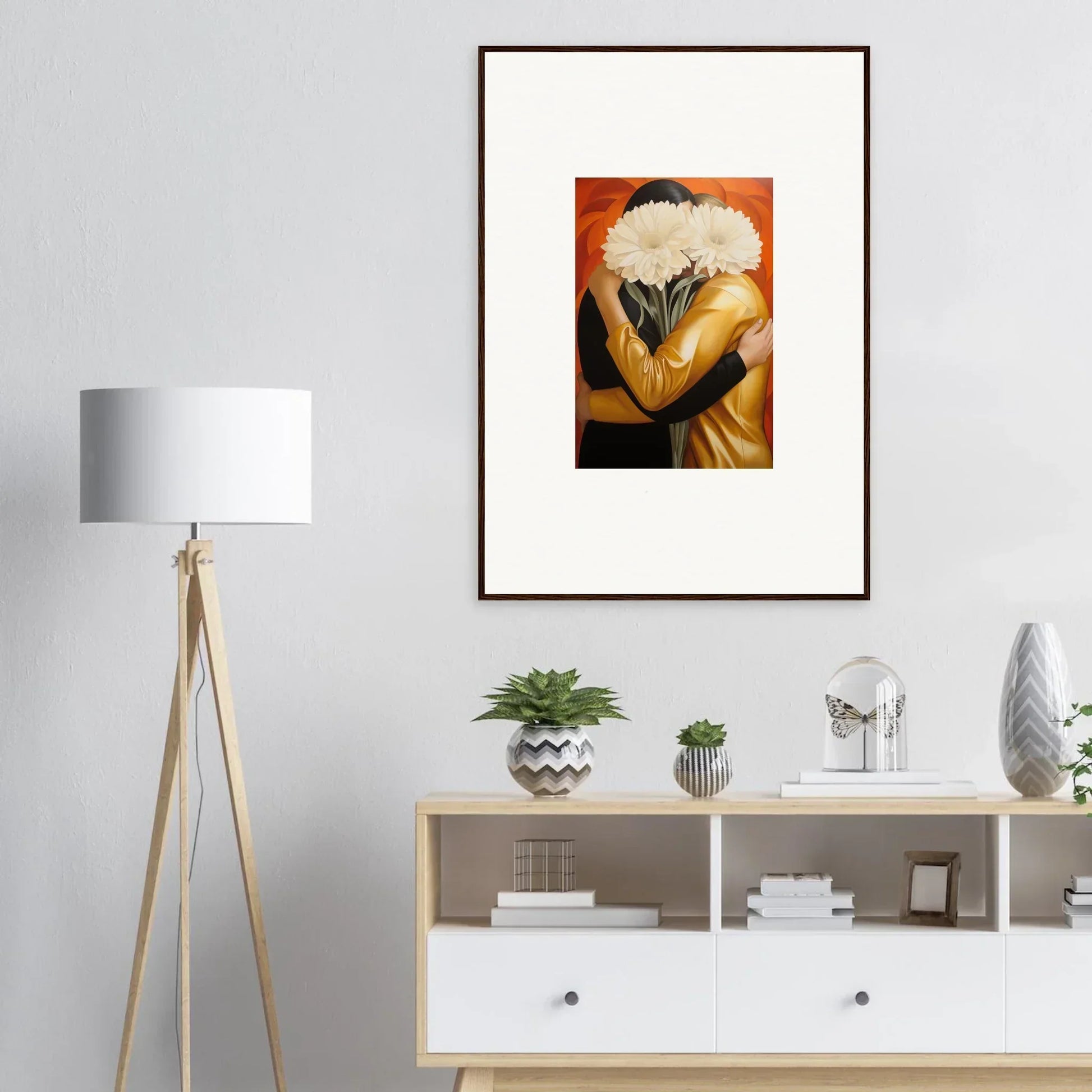 Framed wall art of a figure with a white bouquet on an orange background, embrace Aether