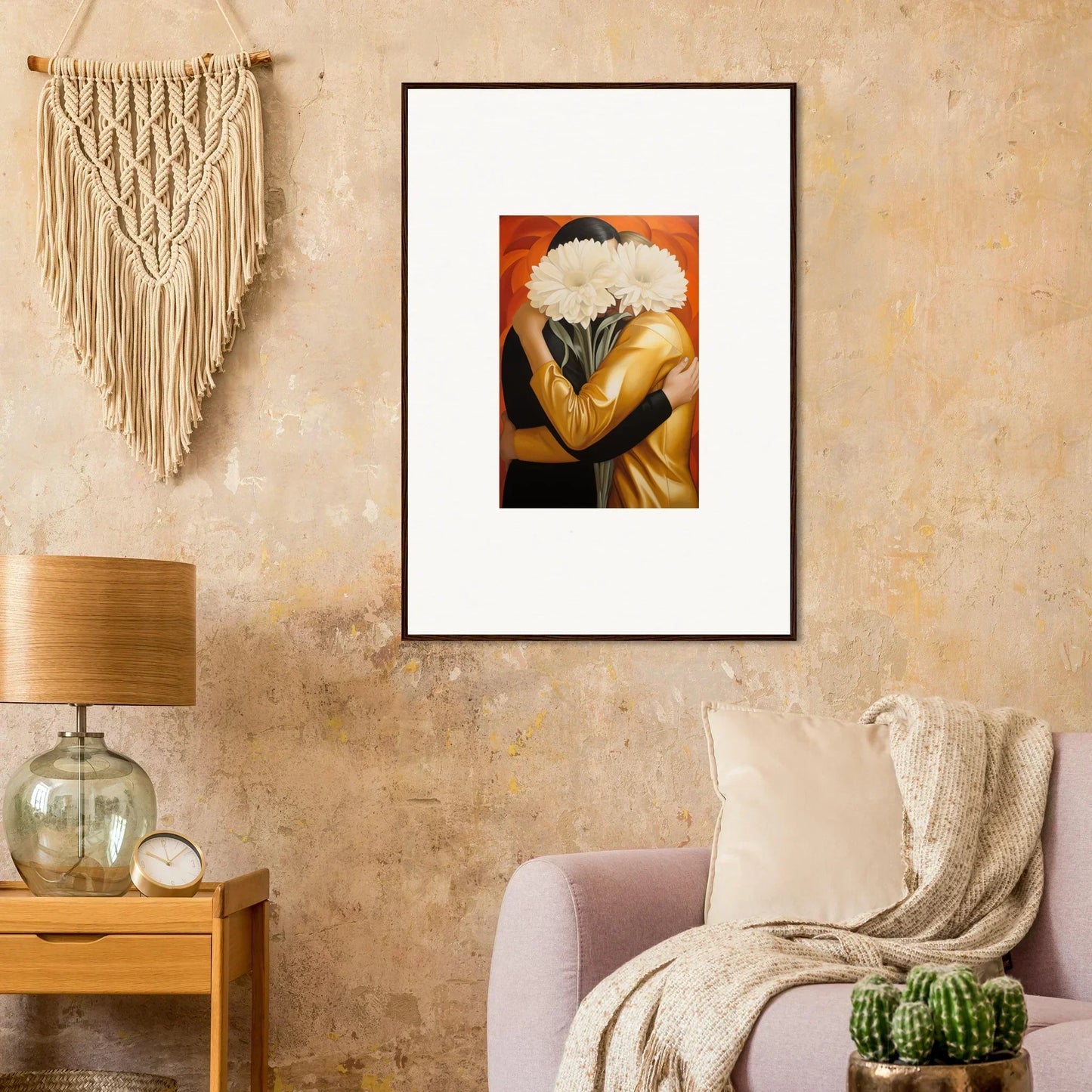 Framed wall art of a figure with a fluffy head embracing themselves, embrace aether decor