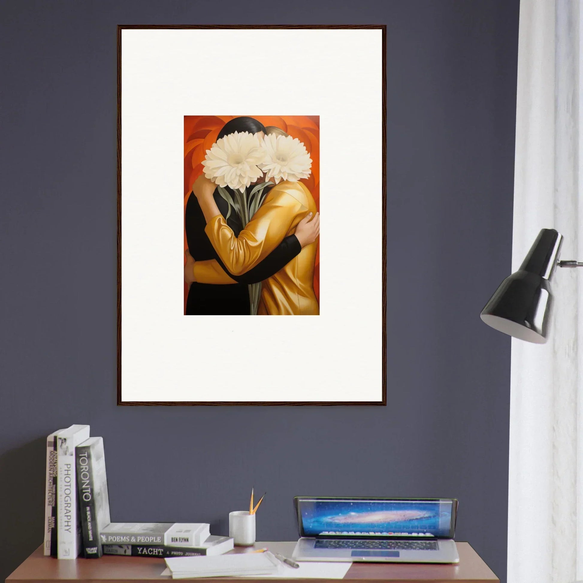 Framed wall art of a person holding a flower bouquet, perfect for Room Decor embracing Aether