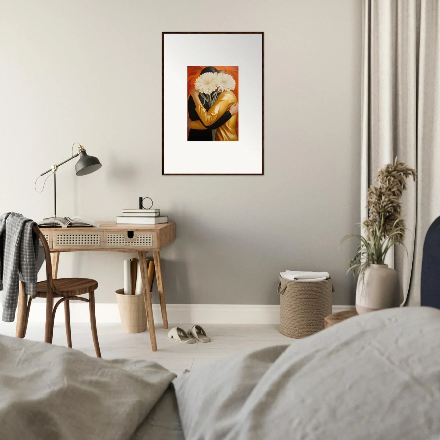 Framed wall art of an intimate embrace aether between two figures for elegant room decor