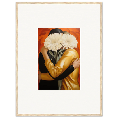 Framed wall art of a person holding white flowers, embracing Aether in room decor