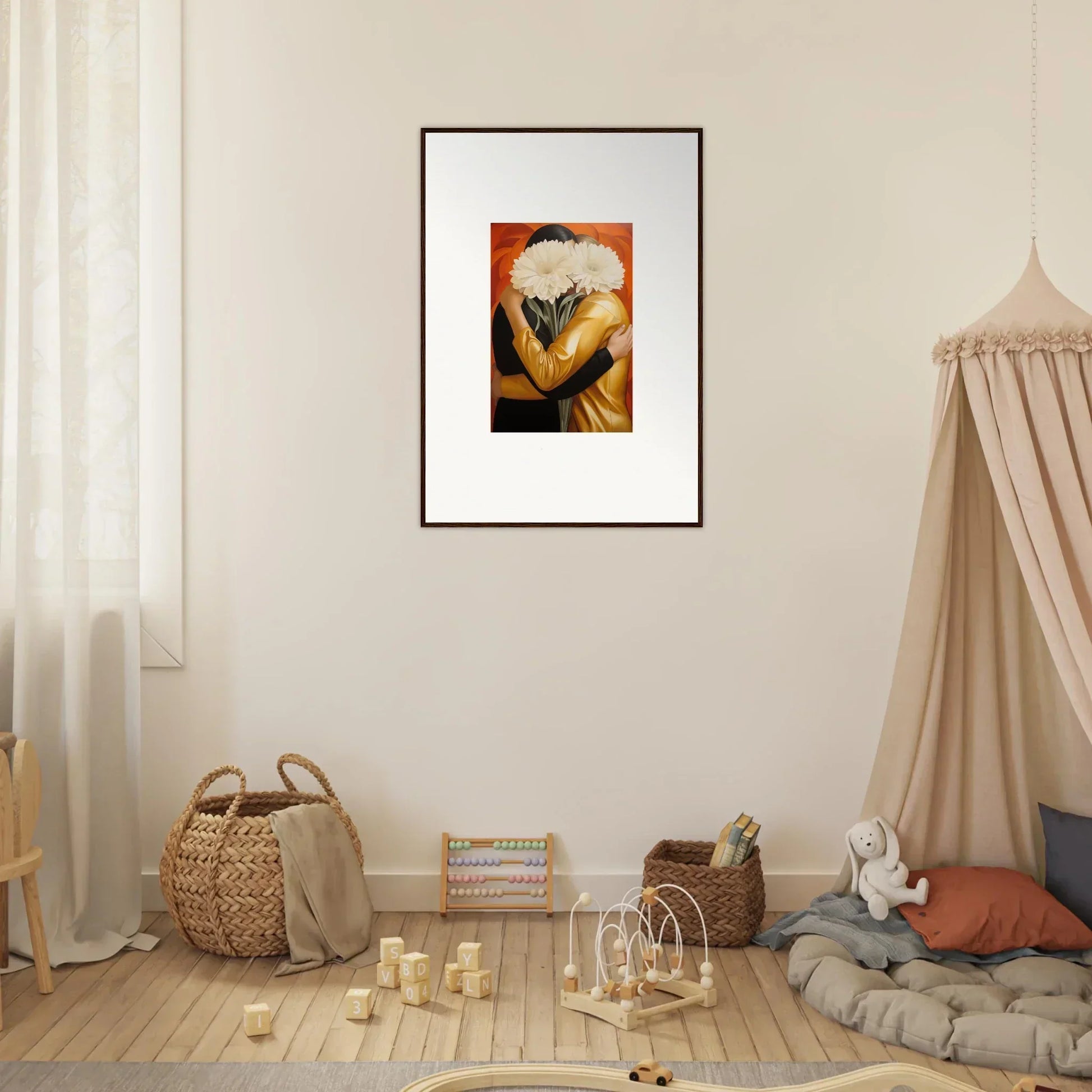 Framed wall art of an eagle’s head in orange, perfect for an embrace aether room decor