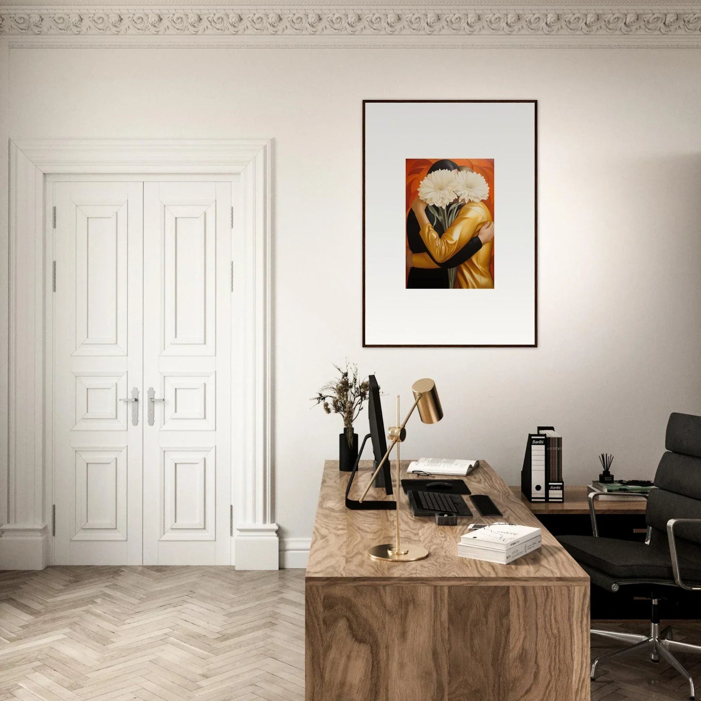 Elegant home office with framed wall art and wooden desk, embrace Aether room decor