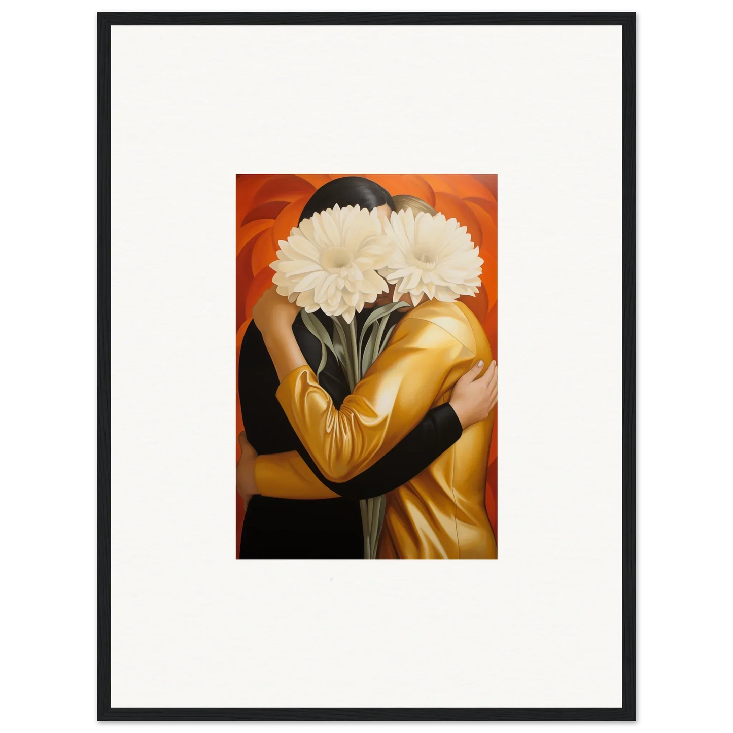 Framed wall art of a person holding white flowers, perfect for room decor, embrace Aether