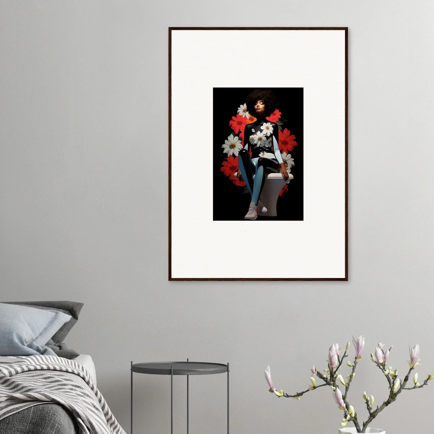 Framed artwork of a figure with vibrant flowers in Petals Levitate Soul design