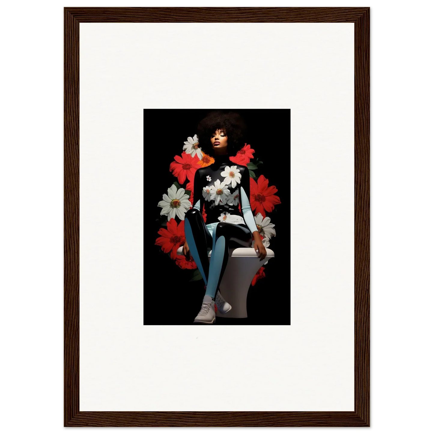 Framed artwork of Petals Levitate Soul with stylized figure and red floral elements