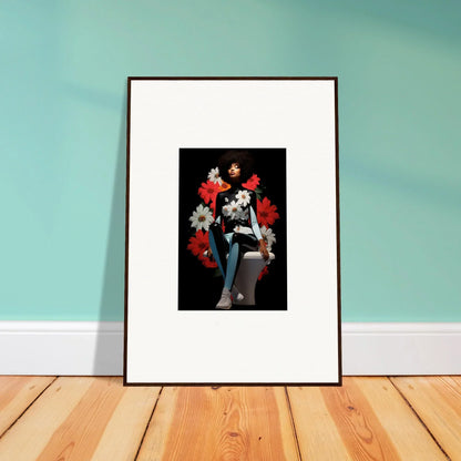 Framed photo of a person with red and white flowers, showcasing Petals Levitate Soul