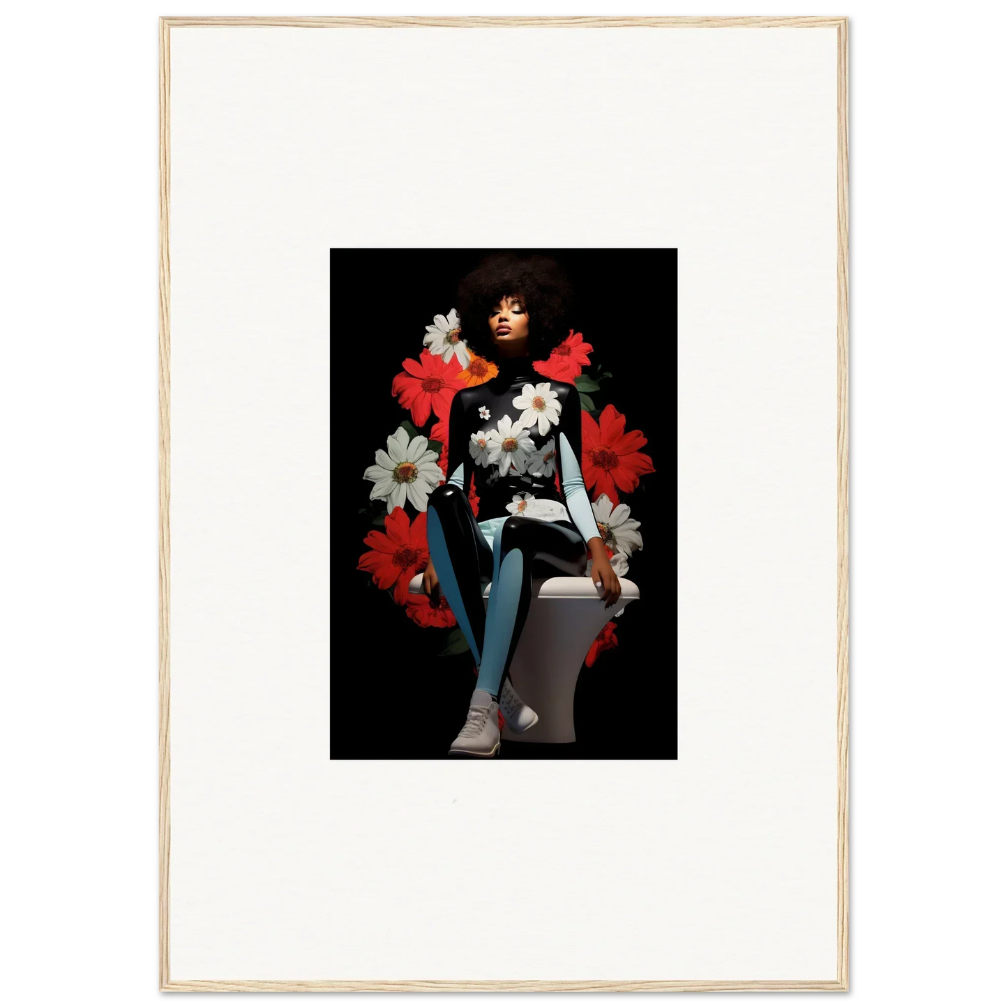 Framed portrait of a person with red and white petals levitate soul on dark background