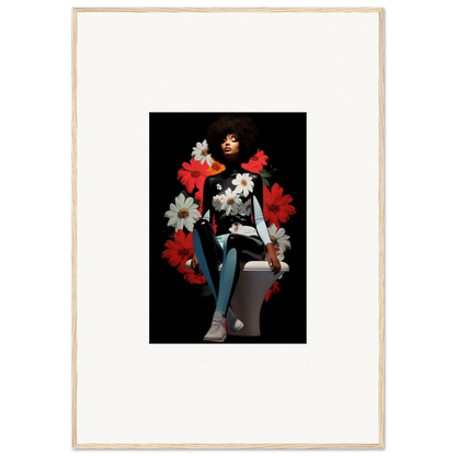 Framed portrait of a person with red and white petals levitate soul on dark background