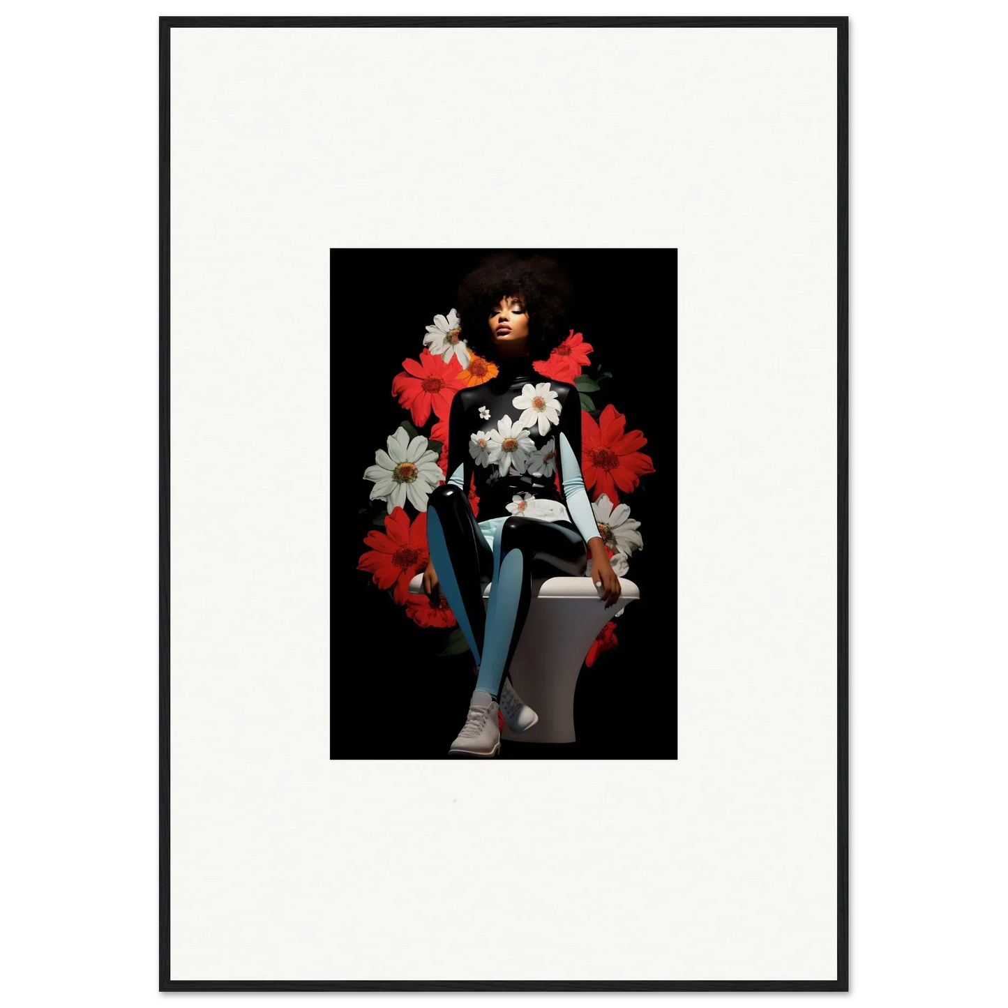 Framed portrait of a woman with red and white flowers for Petals Levitate Soul