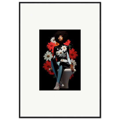 Framed portrait of a woman with red and white flowers for Petals Levitate Soul