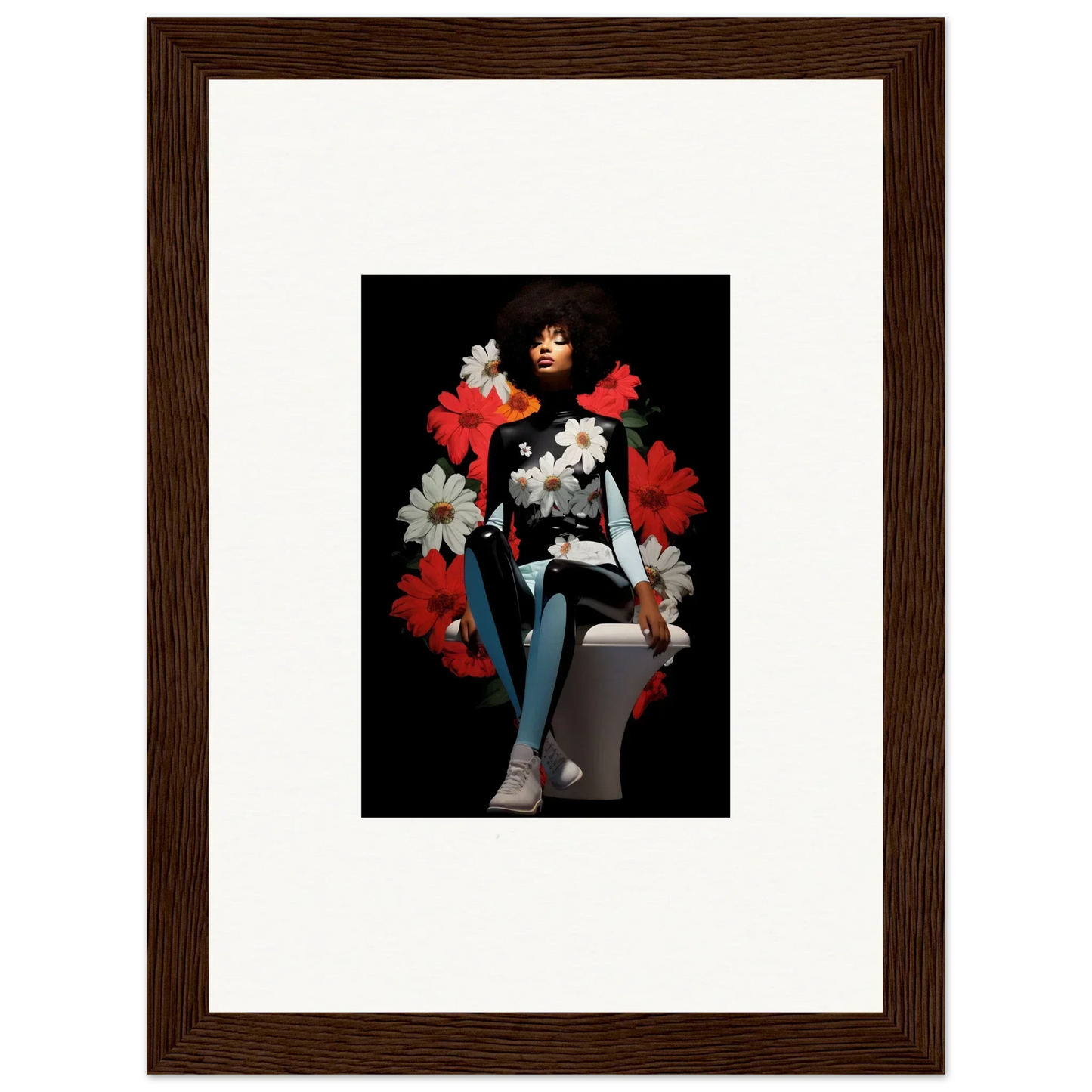 Framed artwork of Petals Levitate Soul with a stylized figure and floral design