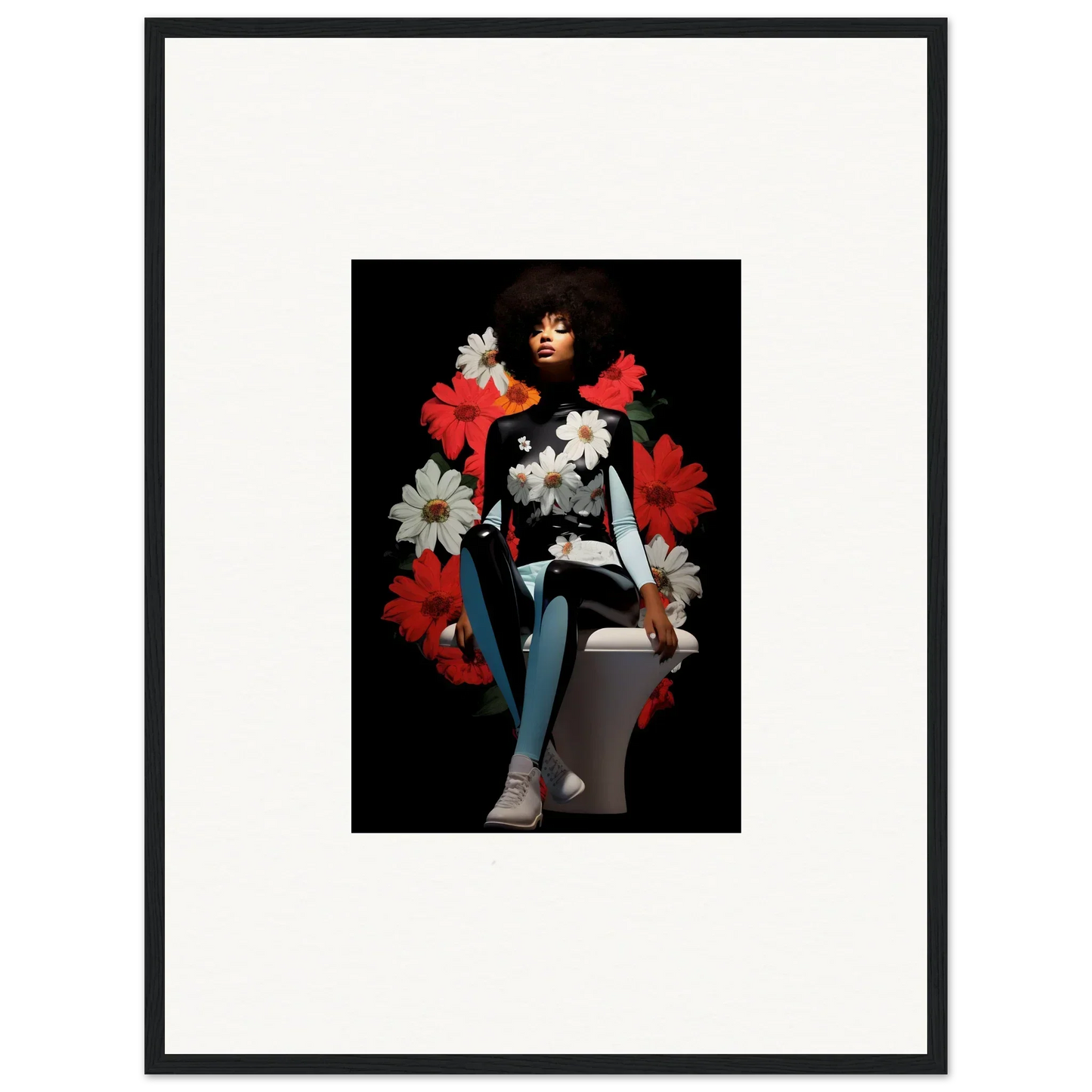 Framed portrait of a person with Petals Levitate Soul design and vibrant flowers