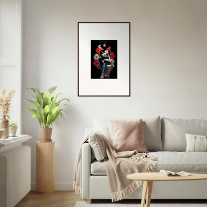 Framed family photo showcasing Petals Levitate Soul design with dark background and red accents