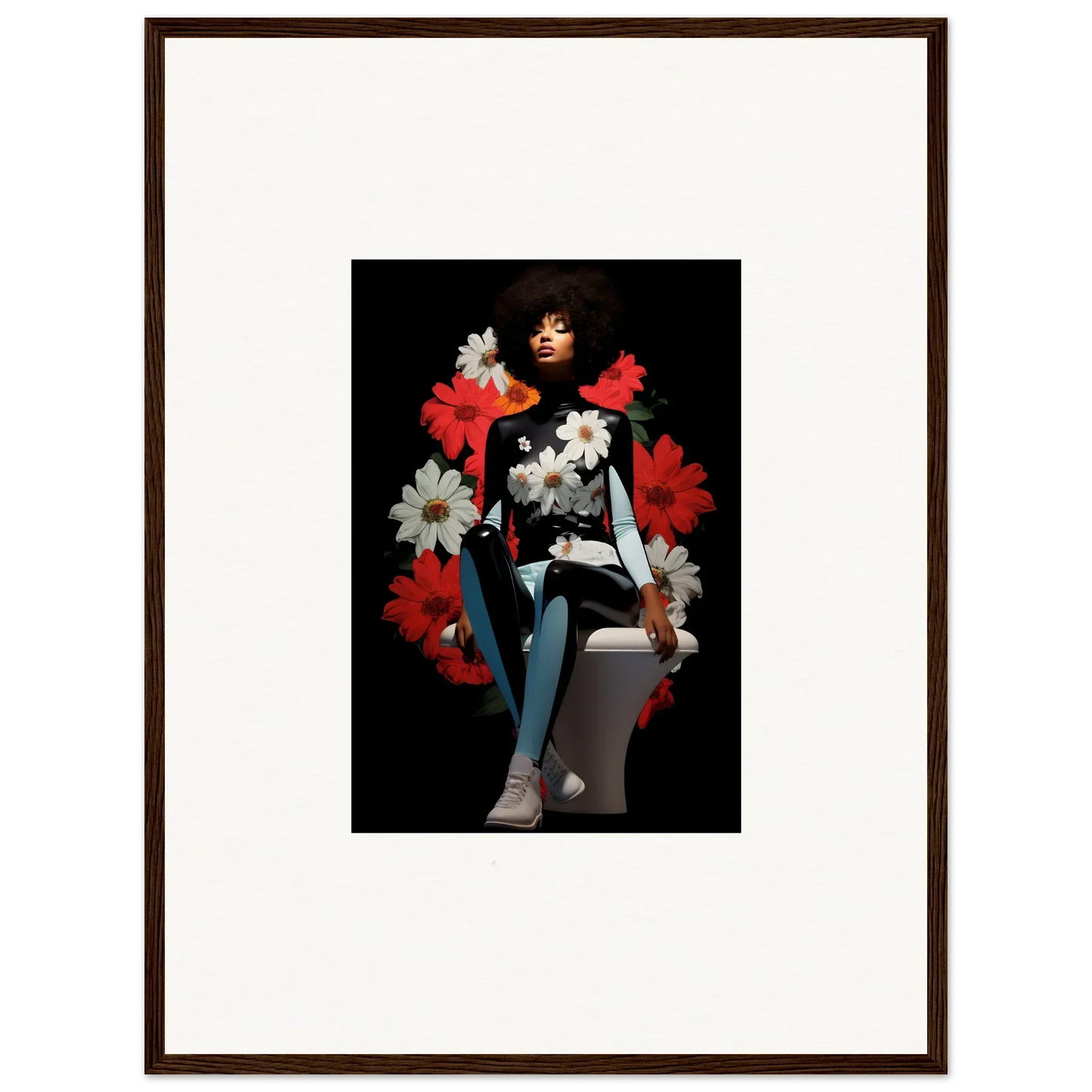 Framed portrait of a person with red and white flowers, reflecting Petals Levitate Soul