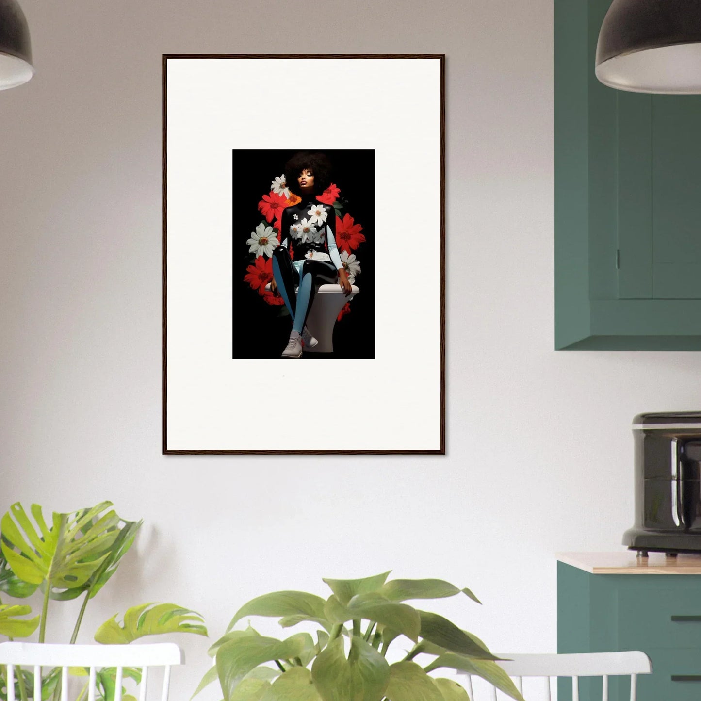 Framed art of a person with floral petals levitate soul against a dark backdrop