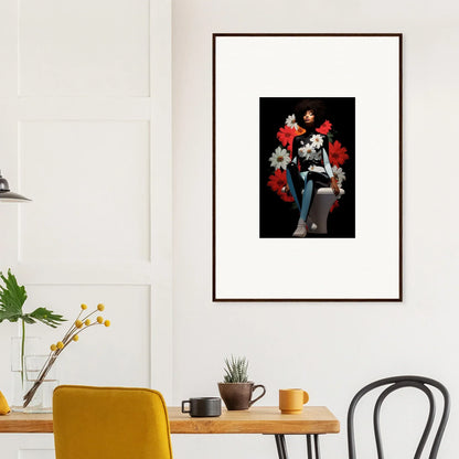 Framed artwork of a figure with red and white floral elements for Petals Levitate Soul