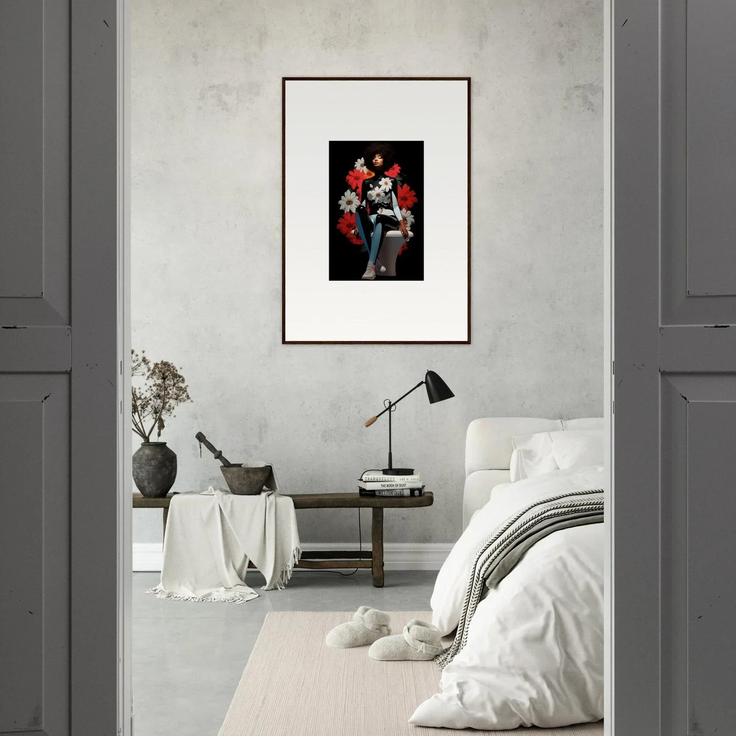 Framed artwork of a figure with red flowers, embodying Petals Levitate Soul vibe