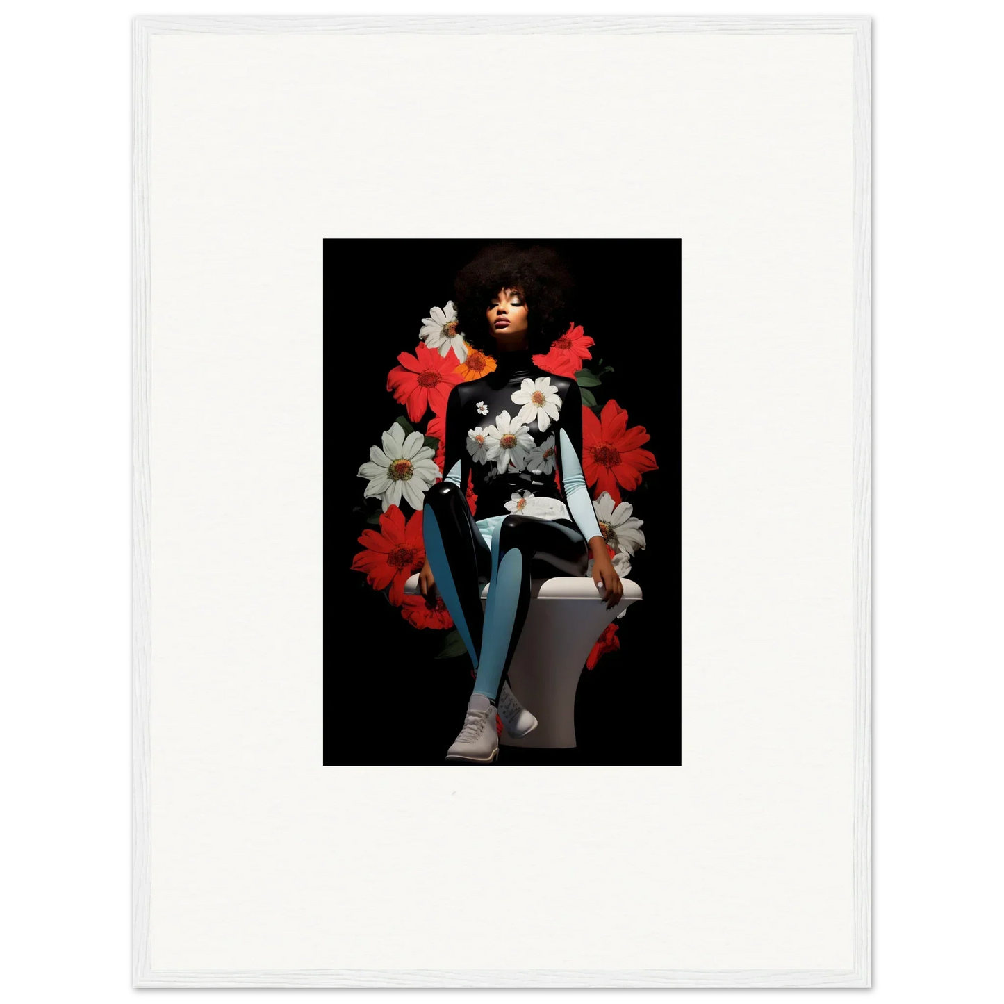 Woman with flowers in ’Petals Levitate Soul’ against a dark background