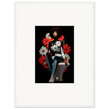 Woman with flowers in ’Petals Levitate Soul’ against a dark background