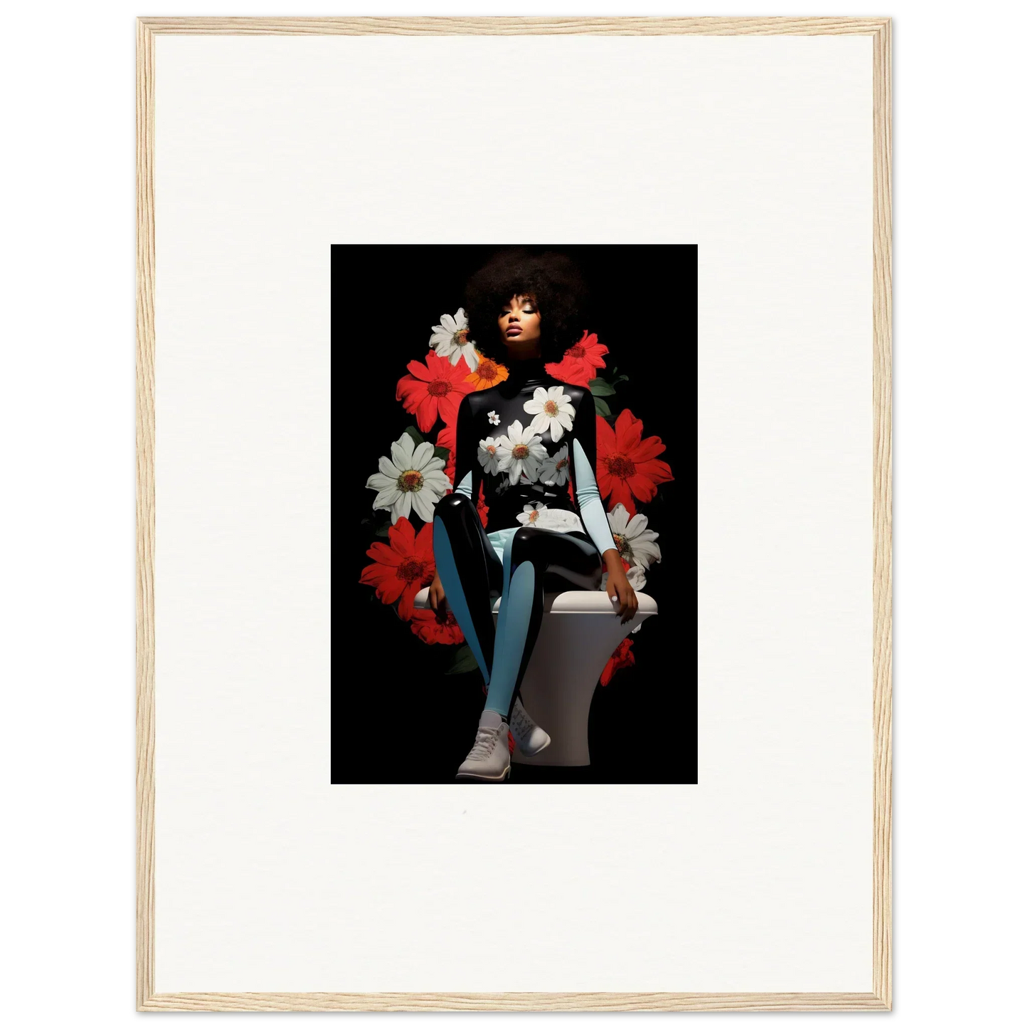 Framed artwork of a woman with red and white flowers for Petals Levitate Soul