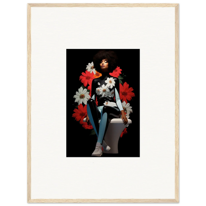 Framed artwork of a woman with red and white flowers for Petals Levitate Soul