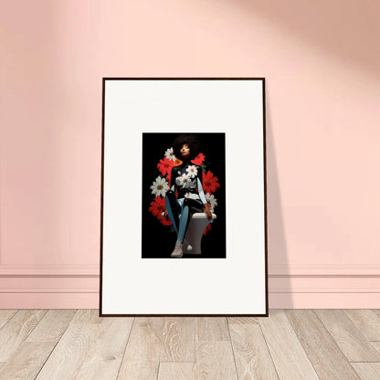 Framed artwork of a figure with red and white petals levitate soul against a dark backdrop