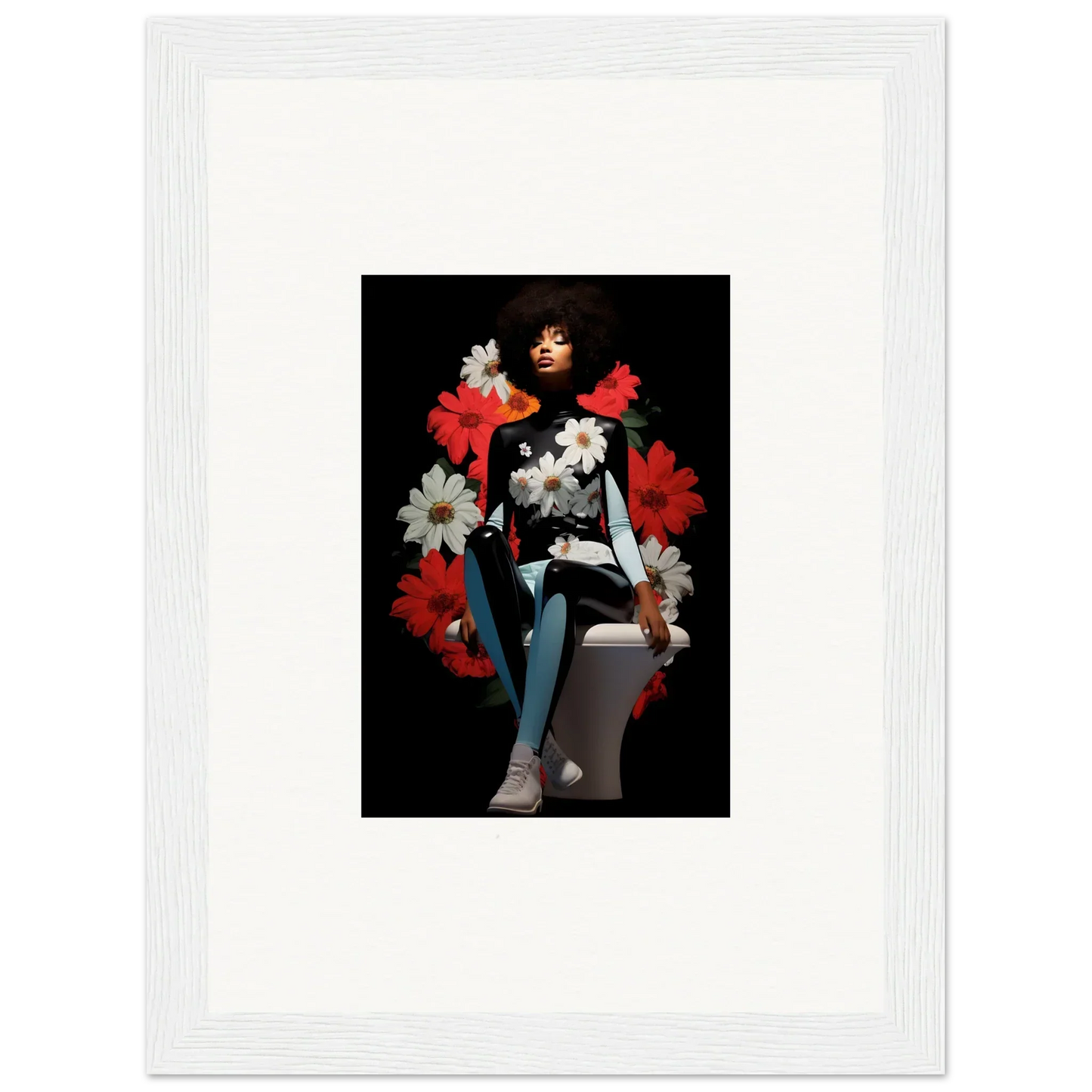 Framed art of Petals Levitate Soul with a figure and red floral accents on dark background