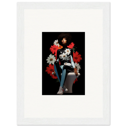 Framed art of Petals Levitate Soul with a figure and red floral accents on dark background