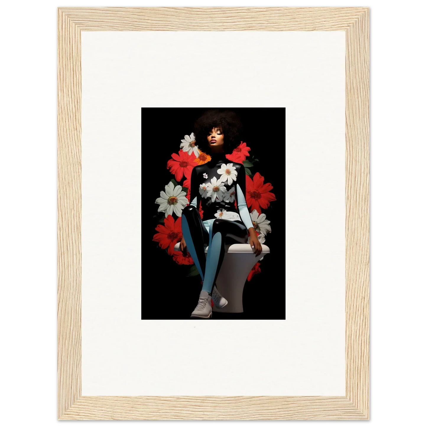 Stylized figure artwork with red and white petals levitate soul design on dark background