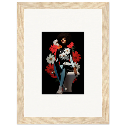 Stylized figure artwork with red and white petals levitate soul design on dark background