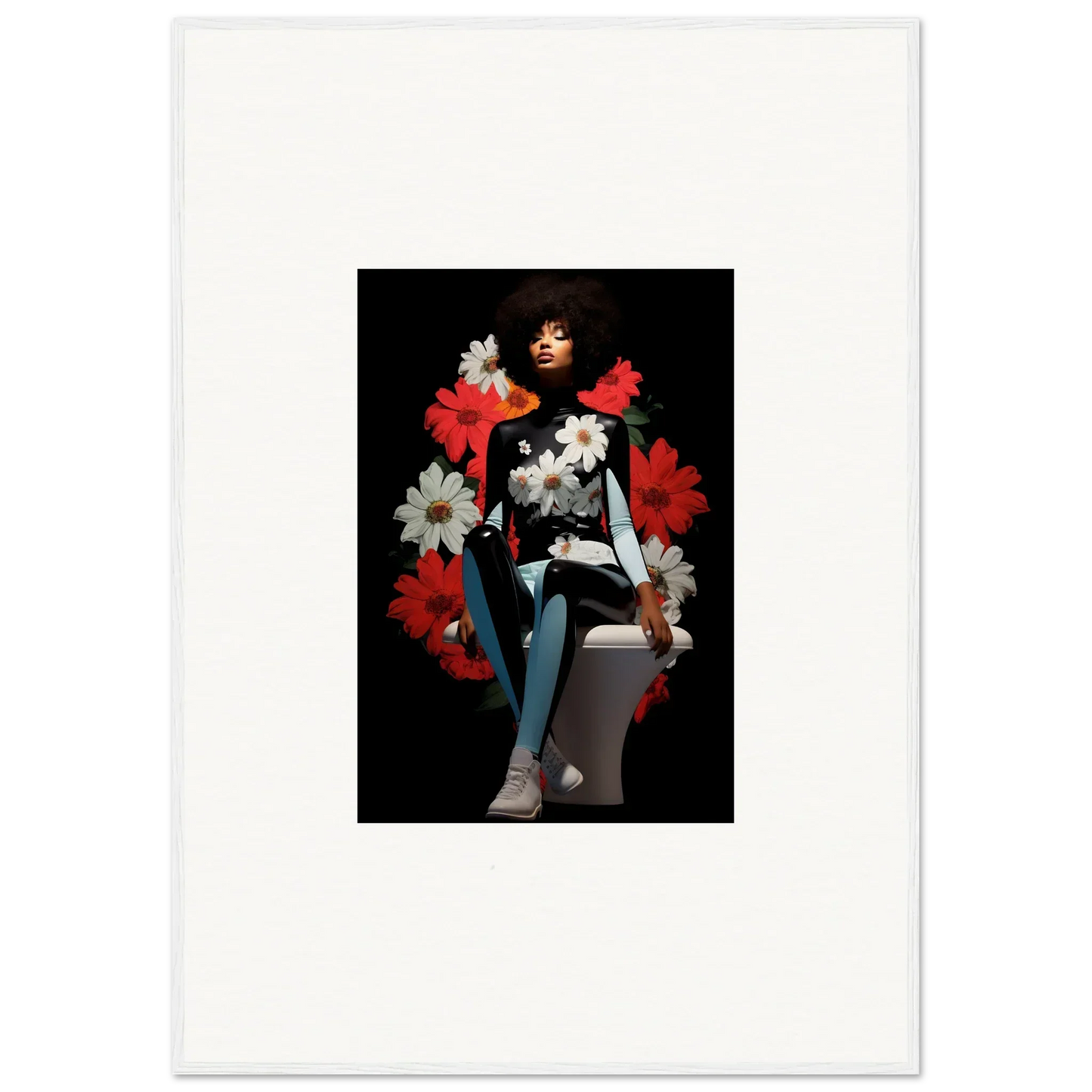 Portrait of a person with red and white flowers showcasing Petals Levitate Soul