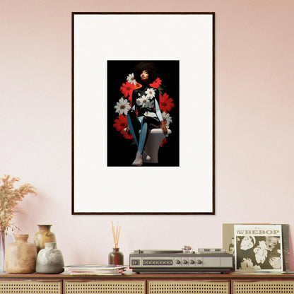 Framed artwork of a figure with red and white florals, Petals Levitate Soul design