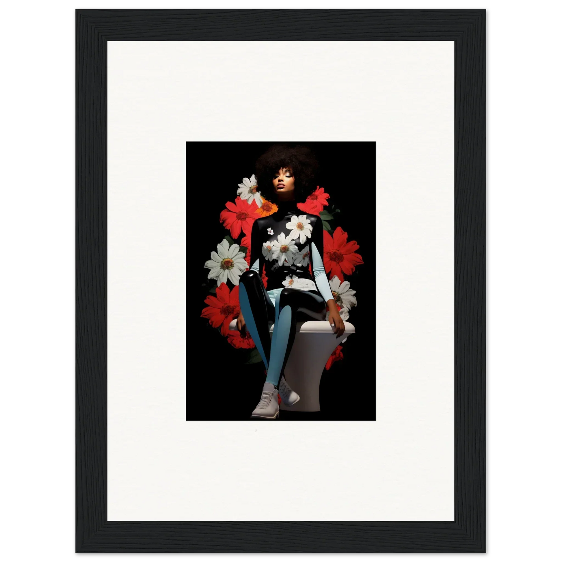 Framed artwork of a figure with red and white petals levitate soul vibe on dark background