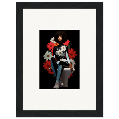 Framed artwork of a figure with red and white petals levitate soul vibe on dark background