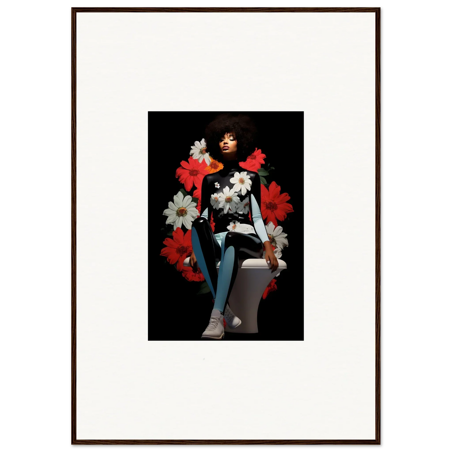 Framed portrait of a woman with red and white flowers from Petals Levitate Soul