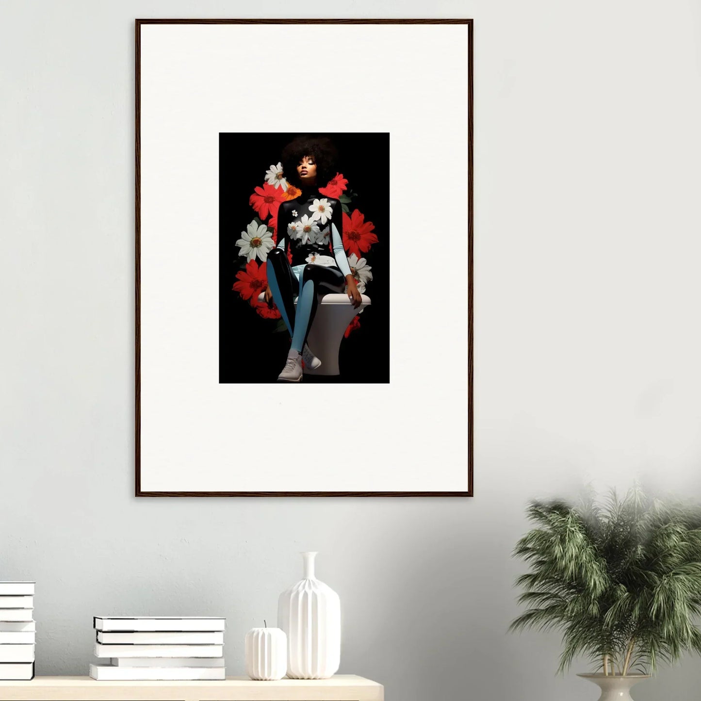 Framed Petals Levitate Soul artwork with stylized figure and red floral design