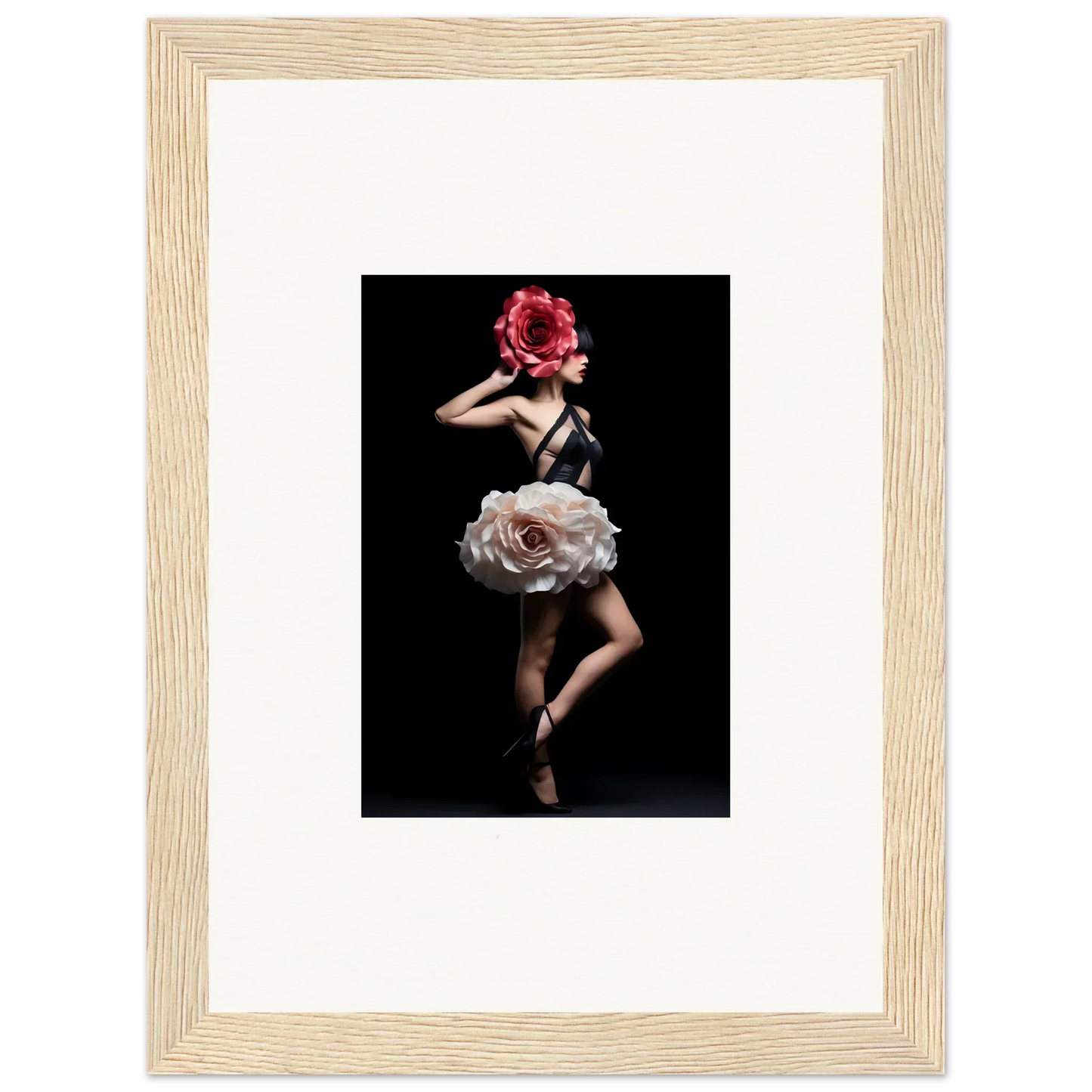 Dancer wearing a floral-inspired costume against a dark background.