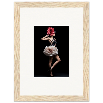 Dancer wearing a floral-inspired costume against a dark background.