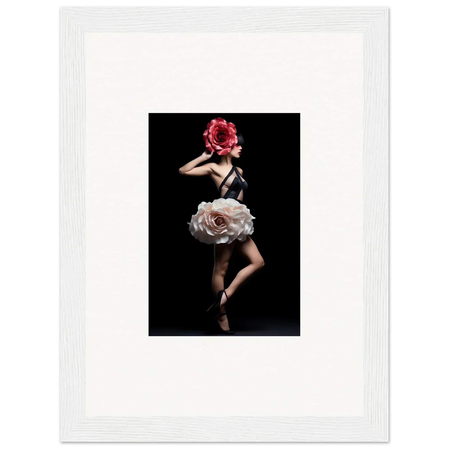 Dancer wearing a floral-inspired costume with a large rose-like skirt and red headdress.