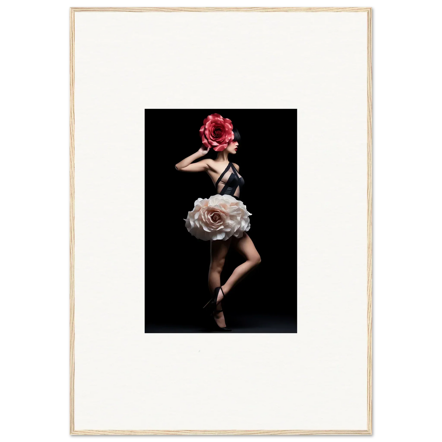 Dancer wearing a floral-inspired costume against a dark background.