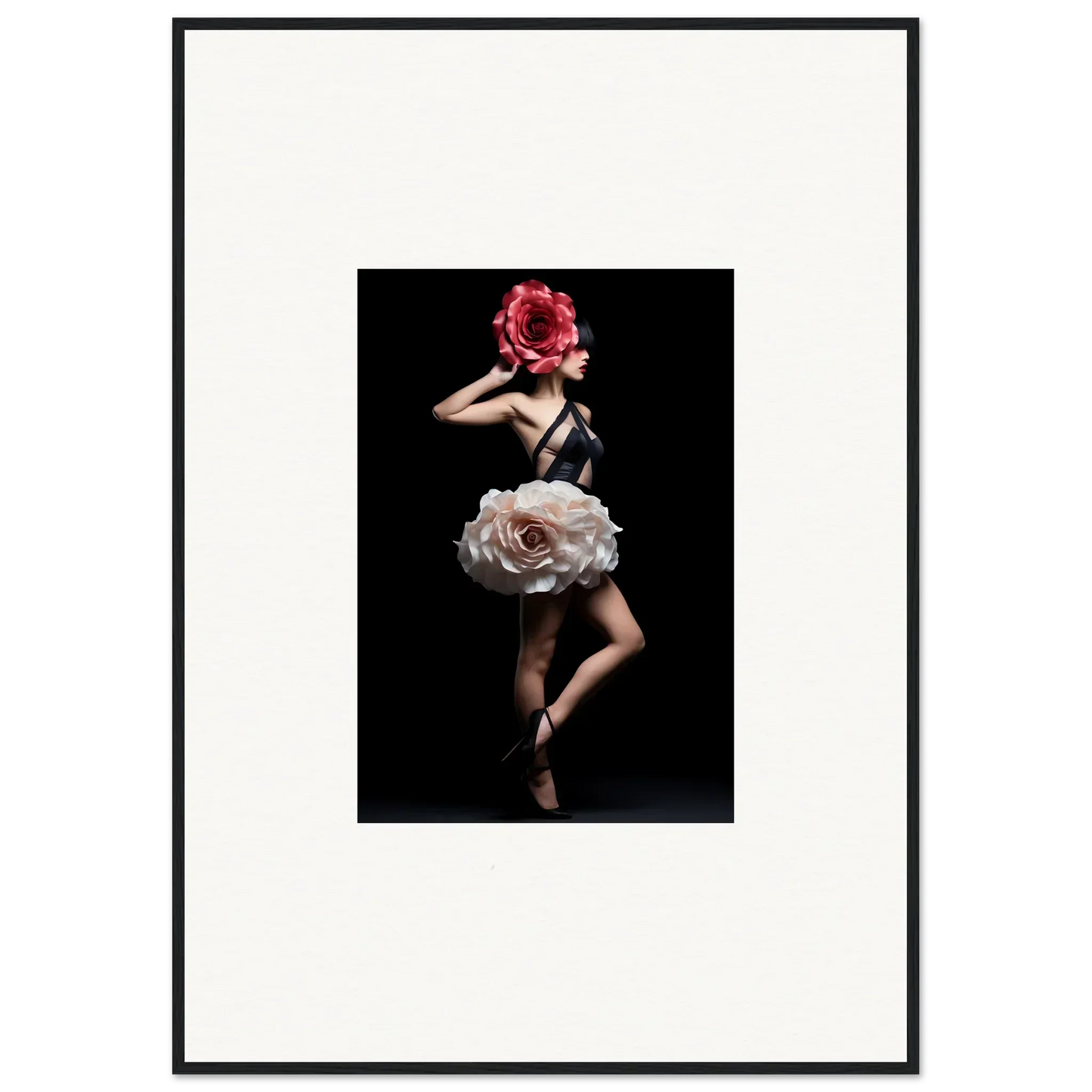 Dancer with a floral-inspired costume posing gracefully against a dark background.