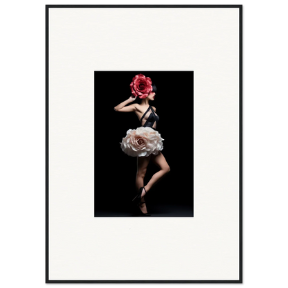 Dancer with a floral-inspired costume posing gracefully against a dark background.